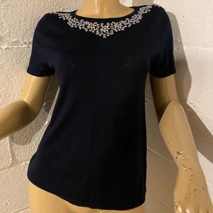 Saks Fifth Avenue Dark Navy Blue Short Sleeve Shirt with Beaded Neckline